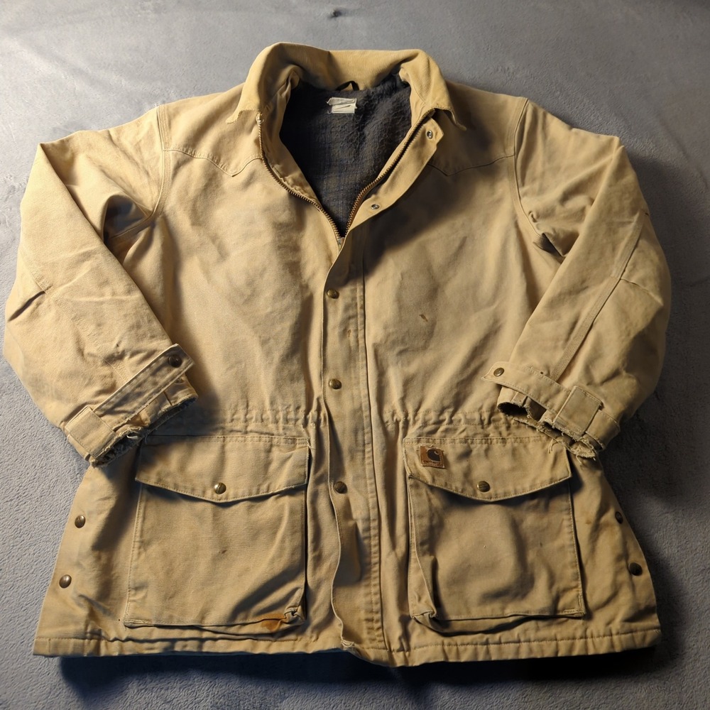 Vintage 90s Carhartt Field Jacket Mens XL Tan Brown Canvas Workwear Coat Lined